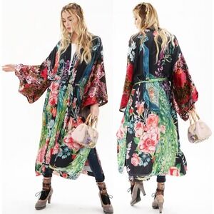 Aratta Silent Journey Kimono XS Peacock Floral Velvet Burnout Boho Festival